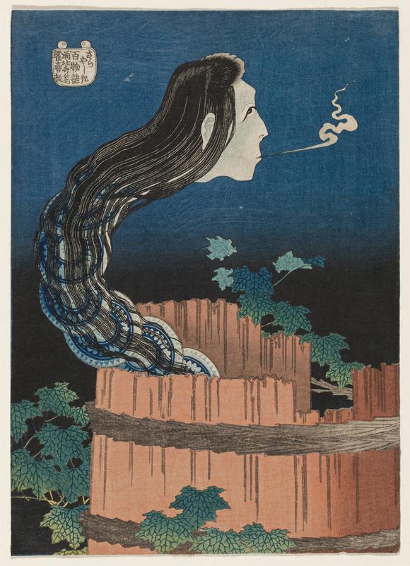 image of Hokusai's Mansion of the plates. Woman coming out of well, tailed by 8 plates.