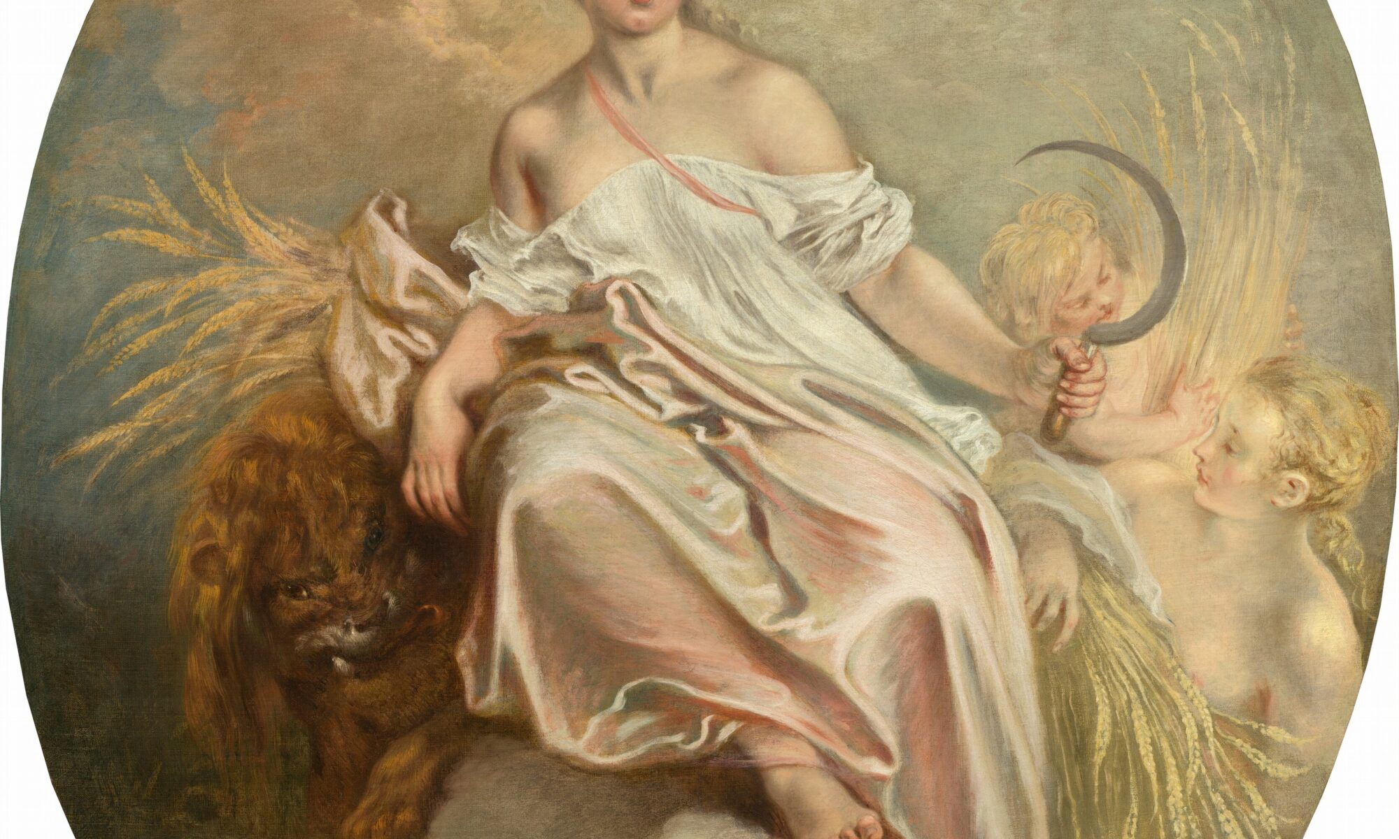 Antoine Watteau's Ceres (Summer). Image of woman, reclining against figure of a lion. In the clouds.