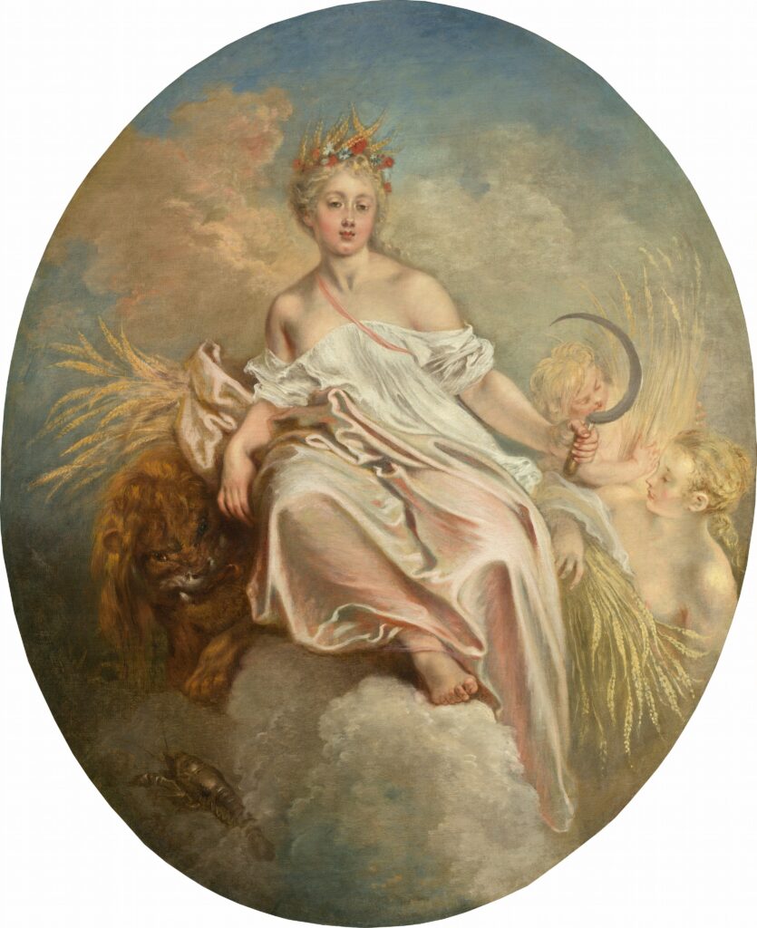 Antoine Watteau's
Ceres (Summer). Image of woman, reclining against figure of a lion. In the clouds.